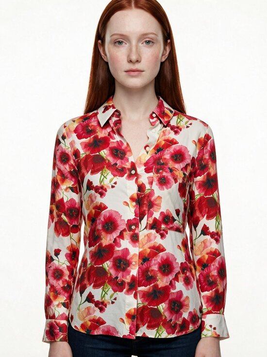 Haute Hippie Tops - Gorgeous Haute Hippie White Blouse with Red, Pink, Orange Poppy Print, Small